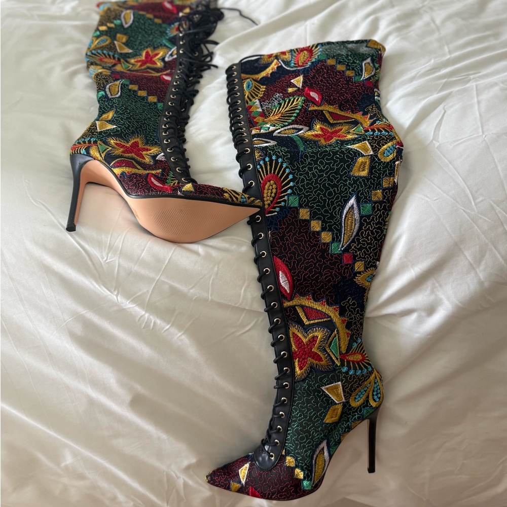 Privileged Black Multicolor Embroidered Lace-Up Knee-High Heels
